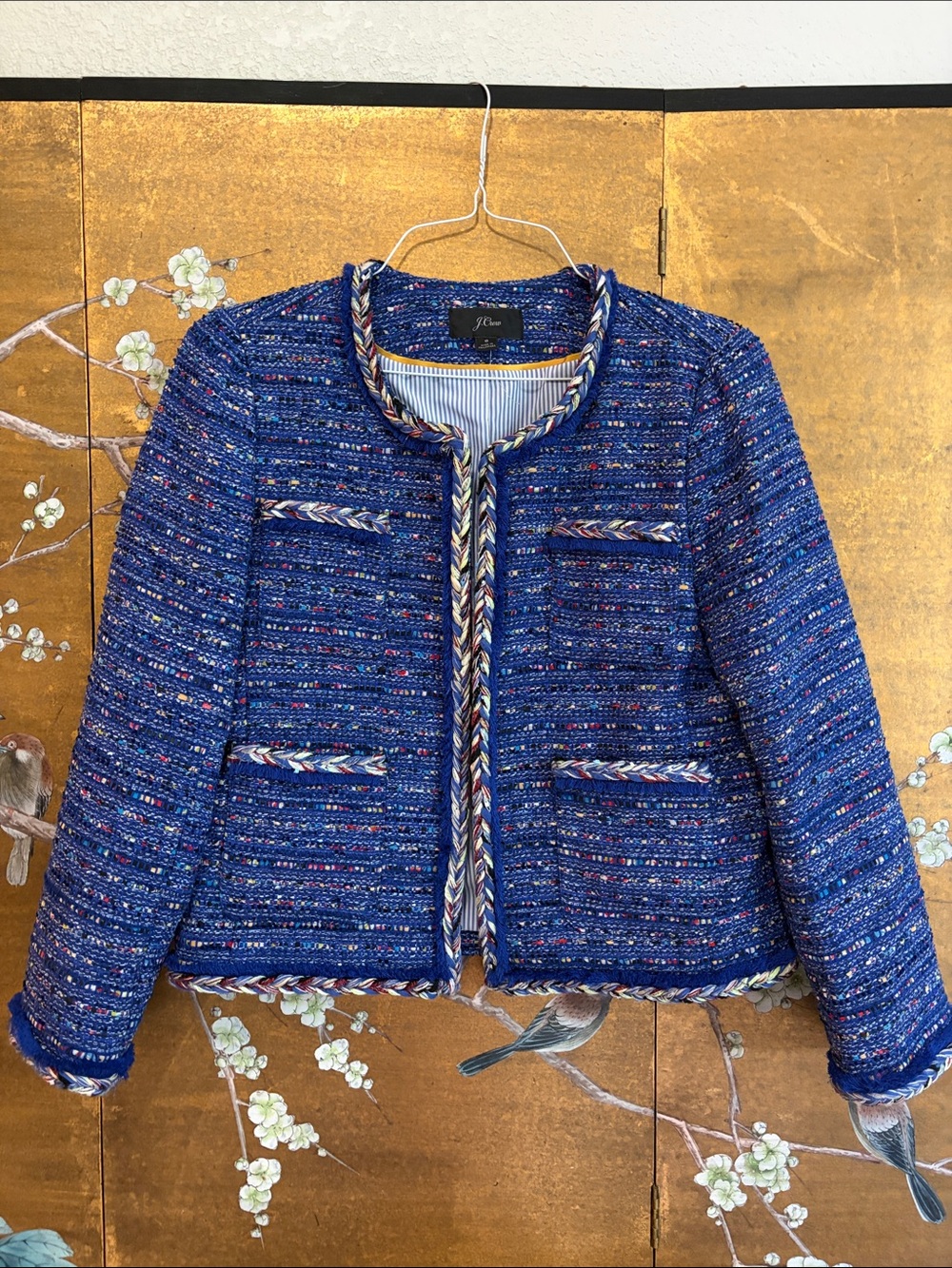 J.Crew Lady Jacket in Cobalt Rainbow Tweed. Chanel vibes, old money, preppy.
